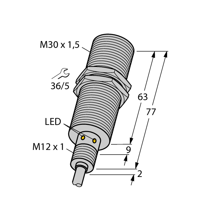 Turck Inductive Proximity Stainless Steel Barrel Sensor; All Metal Sensing; 30mm; Embeddable; 10-30VDC; NO; PNP; PUR Cable